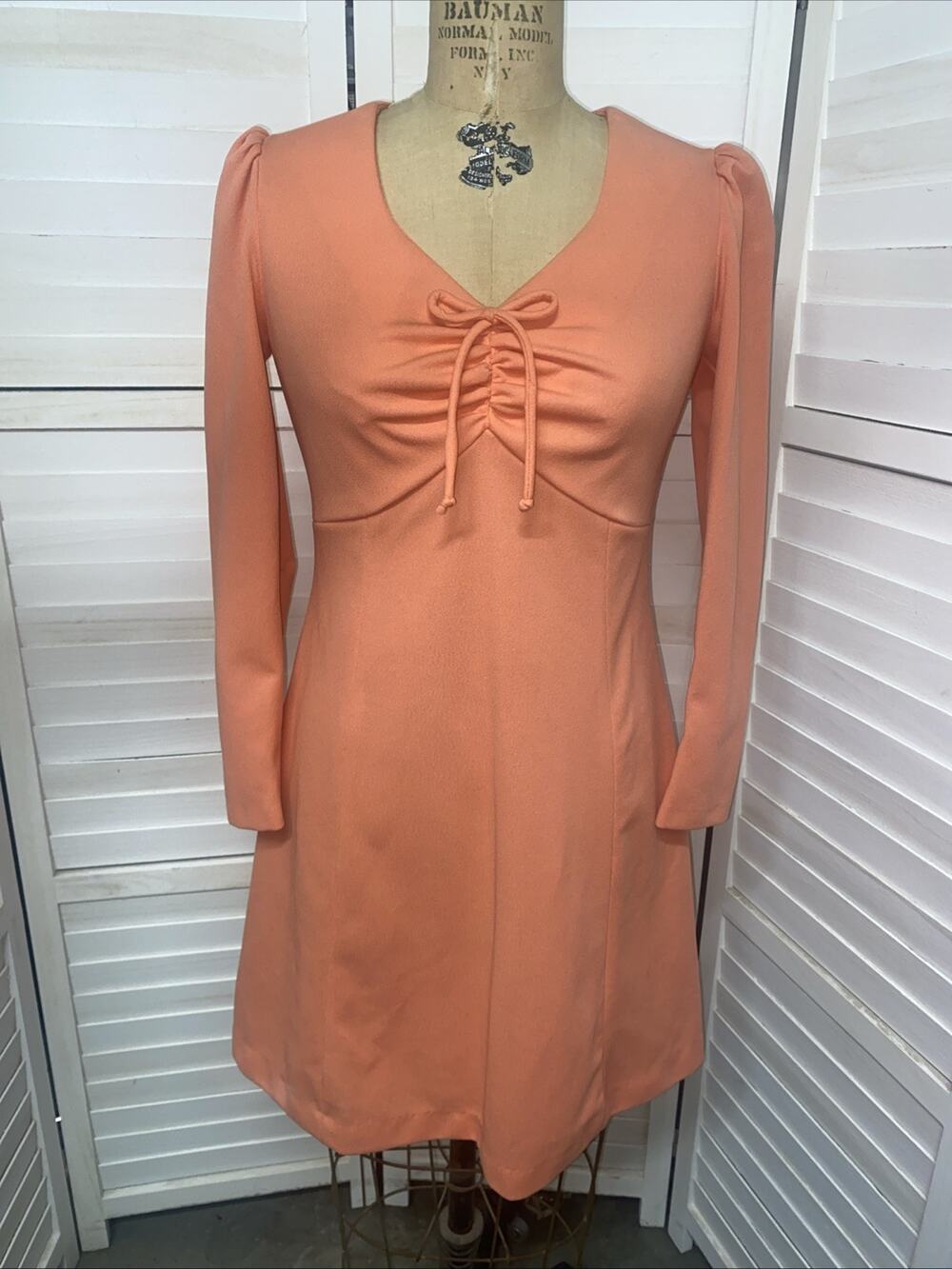 Handmade Peach Mini Dress Mod 60s 70s Go-Go Glam Party Disco Retro Polyester Med